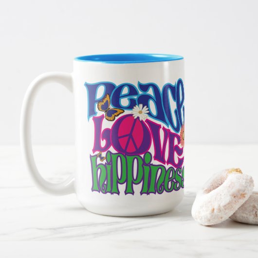 Tasse 2 Couleurs Peace Love Hippiiness 15oz (Avec donut)