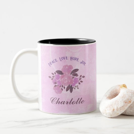 Tasse 2 Couleurs Peace Love Hope Joie Ajouter Votre Nom Rose Roses (Avec donut)
