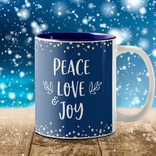 Tasse 2 Couleurs Peace Love Joy Typographie moderne Dots d'or Marin