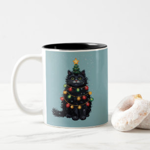 Tasse 2 Couleurs Peinture à l'huile d'arbre de Noël de chat noir mo
