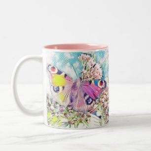 Tasse 2 Couleurs Peinture d'un papillon rose sur des fleurs colorée