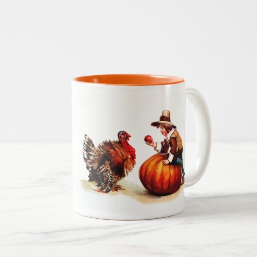 Tasse 2 Couleurs Pèlerin vintage et Turquie Thanksgiving Cadeau (Devant droit)