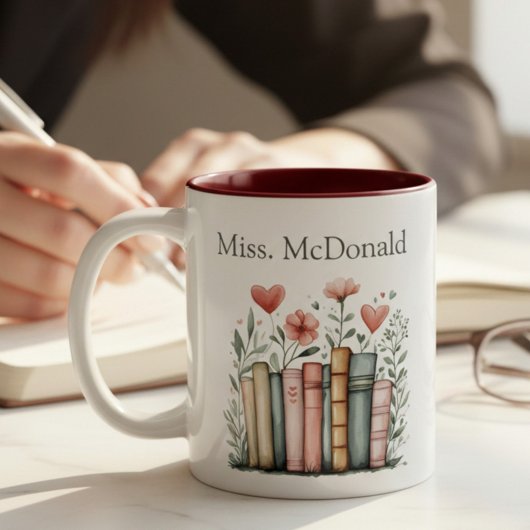 Tasse 2 Couleurs Personalized Floral Stacked Books Teacher