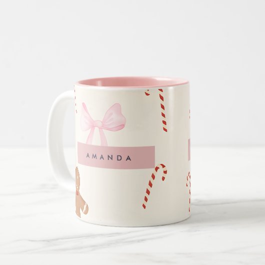 Tasse 2 Couleurs Personalized Holiday Gingerbread & Pink Bow (Devant gauche)