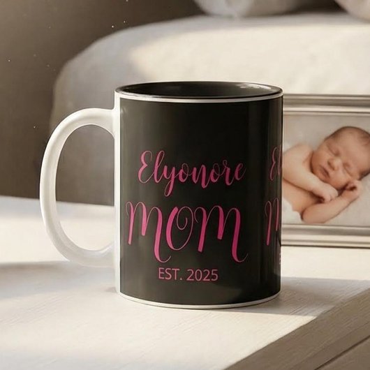 Tasse 2 Couleurs Personalized Mom Name Established Pink Script 