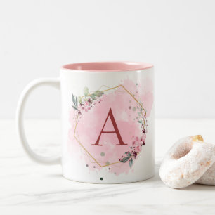 Tasse 2 Couleurs Personnaliser l'aquarelle rose cadre floral initia