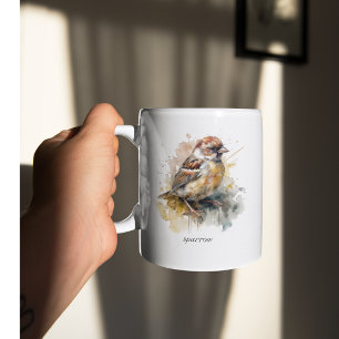 Tasse 2 Couleurs petit moineau mignon en aquarelle, personnalisable