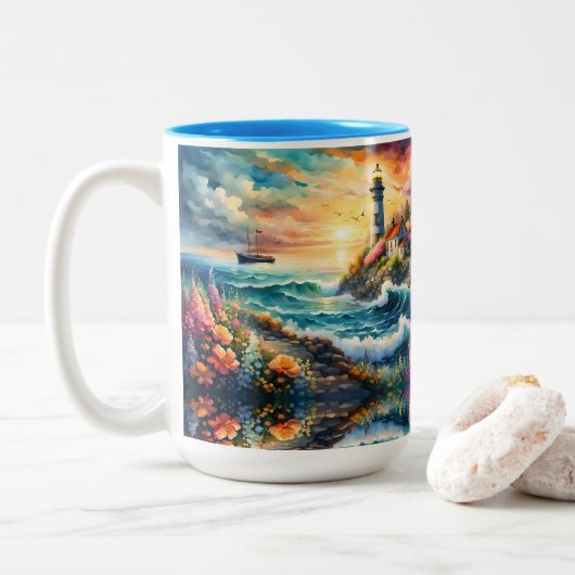 Tasse 2 Couleurs Phare Jardin floral sur la mer (Avec donut)