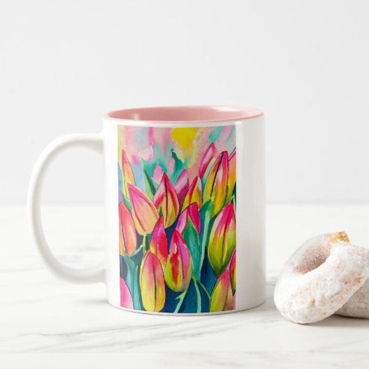 Tasse 2 Couleurs Pink aquarelle tulipe art (Avec donut)