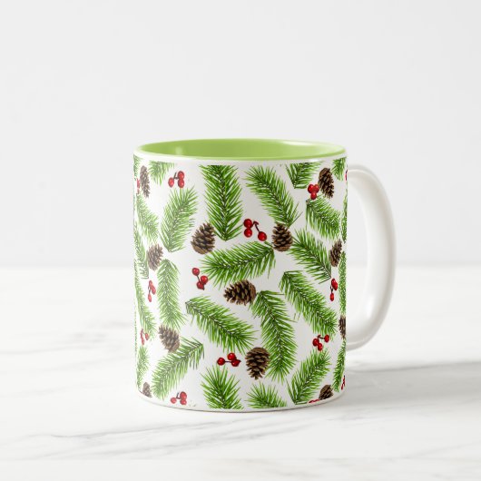 Tasse 2 Couleurs Pins de Noël Feuilles, cônes et baies (Devant droit)
