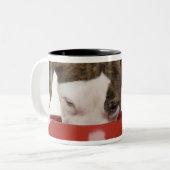 Tasse 2 Couleurs Pitbull de chiot mangeant hors du plat (Devant gauche)