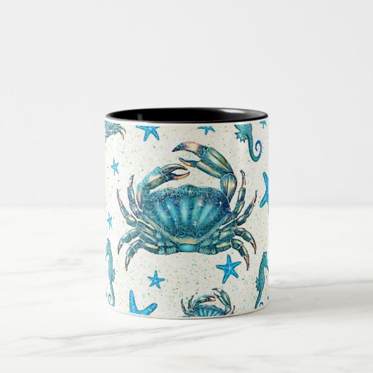 Tasse 2 Couleurs Plage moderne Crabe Bleu Starfish Horloge (Centre)
