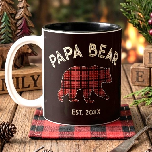 Tasse 2 Couleurs Plaid Papa Bear Father Year Established Black