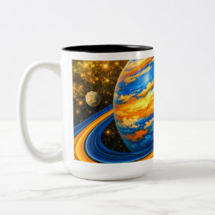 Tasse 2 Couleurs Planète orange et bleue avec anneaux