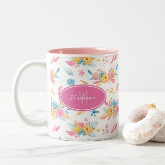 Tasse 2 Couleurs Plutôt rose Motif Floral Monogramme (Avec donut)