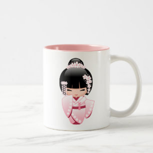 Tasse 2 Couleurs Poupée blanche Kimono Kokeshi - mignonne Geisha G