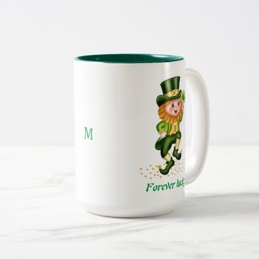 Tasse 2 Couleurs Pour toujours Lucky Green Gnome & Monogram (Devant droit)