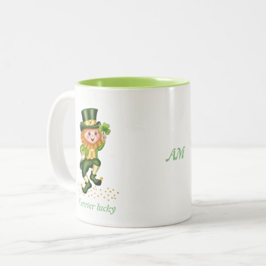 Tasse 2 Couleurs Pour toujours Lucky Green Gnome & Monogram (Devant gauche)