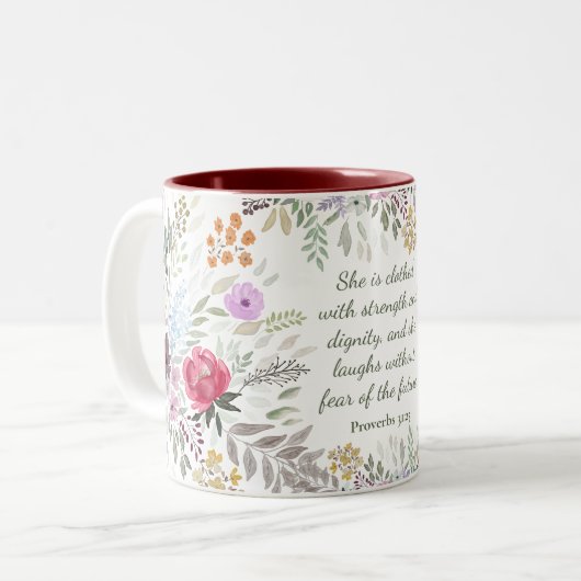 Tasse 2 Couleurs Proverbes 31:25 Bible Verse Aquarelle florale (Devant gauche)