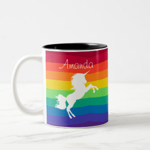 Tasse 2 Couleurs Rainbow Motif blanc Unicorne personnalisée