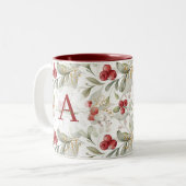 Tasse 2 Couleurs Rameaux de Canneberge aux Baies Rouges Monogrammés (Devant gauche)