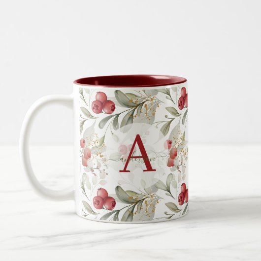 Tasse 2 Couleurs Rameaux de Canneberge aux Baies Rouges Monogrammés (Gauche)