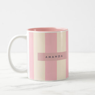 Tasse 2 Couleurs Rayure rose pâle et crème personnalisée