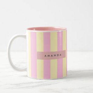 Tasse 2 Couleurs Rayure rose pastel et jaune personnalisée