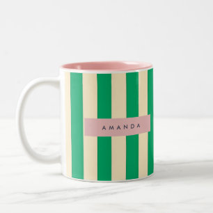 Tasse 2 Couleurs Rayure verte et crème vintage personnalisée