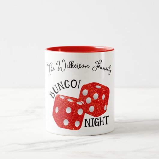 Tasse 2 Couleurs Red Dice Bunco Night Nom personnalisé (Centre)