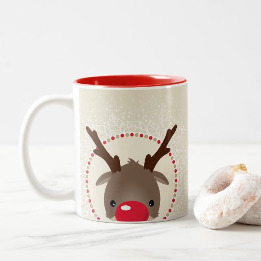 Tasse 2 Couleurs REINDEER PEEKING mignon nez rouge rudolph ivoire o (Avec donut)