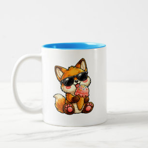 Tasse 2 Couleurs Renard Mignon Mangeant une Glace avec des Lunettes