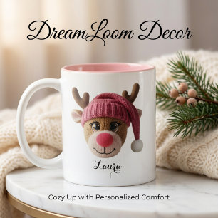 Tasse 2 Couleurs Renne de Noël rose personnalisée