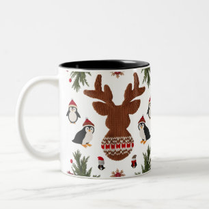 Tasse 2 Couleurs Rennes et Manchots Tricotés Nordiques Mignons