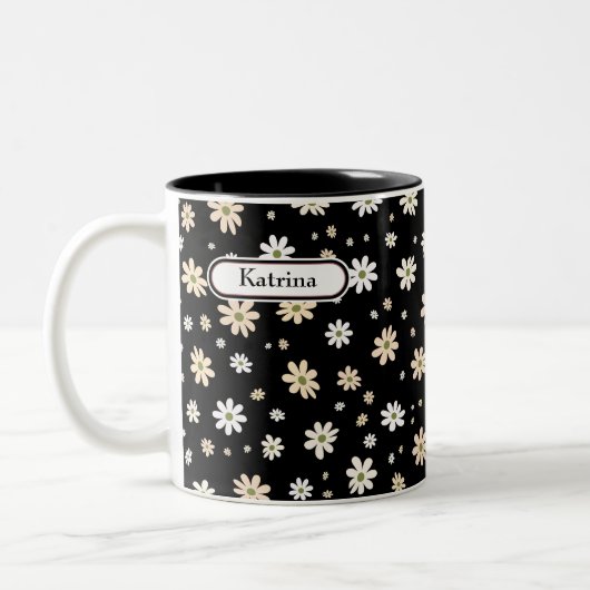 Tasse 2 Couleurs Retro Daisy Floral Pattern Boho Personnalisé Noir (Gauche)