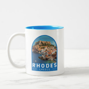 Tasse 2 Couleurs Rhodes Grèce Illustration Voyage Art Vintage