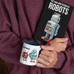 Tasse 2 Couleurs Robots rétro mignons Sci-Fi personnalisé<br><div class="desc">Ajoutez une touche de science-fiction à votre routine matinale avec cette tasse de café personnalisée. Cette tasse présente des illustrations amusantes de robots de style rétro et est prête à être personnalisée avec un nom ou un autre texte. Les graphiques entourent la tasse, et le nom apparaît de part et...</div>