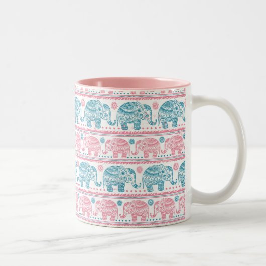 Tasse 2 Couleurs Rose et motif ethnique turquoise d'éléphant (Droit)