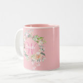 Tasse 2 Couleurs Rose Floral Élégant Script Monogramme rose (Devant gauche)