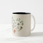 Tasse 2 Couleurs Rose rose et Eucalyptus Coeur Rustique Mariage (Devant droit)