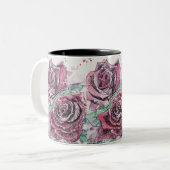 Tasse 2 Couleurs Rose rouge Fleurs d'aquarelle peinture florale (Devant gauche)