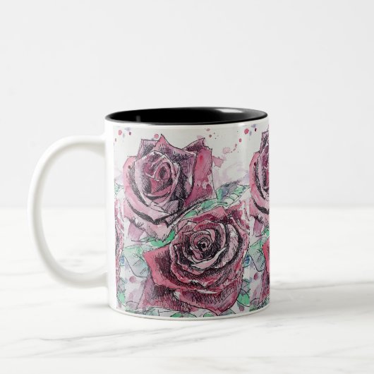 Tasse 2 Couleurs Rose rouge Fleurs d'aquarelle peinture florale (Gauche)