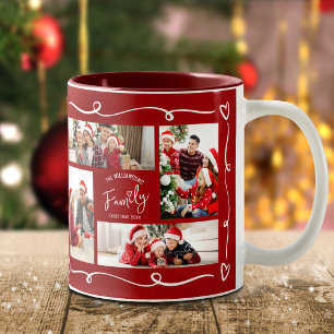 Tasse 2 Couleurs Rouge Noël 4 Photo Famille Gribouillages Dessinés 
