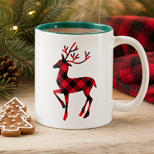 Tasse 2 Couleurs Rouge Rustique Plaid Renne Noël