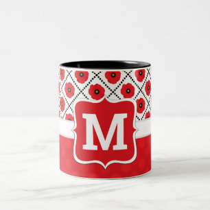 Tasse 2 Couleurs Rouge Shabby Chic, Coquelicots Monogramme Noir et