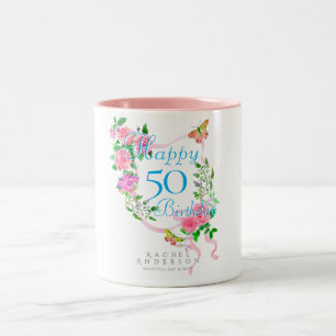 Tasse 2 Couleurs Ruban de rose rose 50e anniversaire