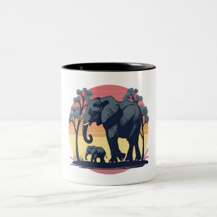 Tasse 2 Couleurs Sage et Sauvage – Famille d'Éléphants au Coucher d