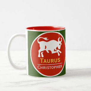 Tasse 2 Couleurs Signe du zodiaque Taureau avec le nom du propriéta