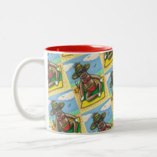 Tasse 2 Couleurs SOCK MONKEY RED BIKINI, AU CARTOON DE PLAGE Drôle