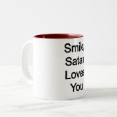 Tasse 2 Couleurs Souriez, Satan vous aime (Devant gauche)